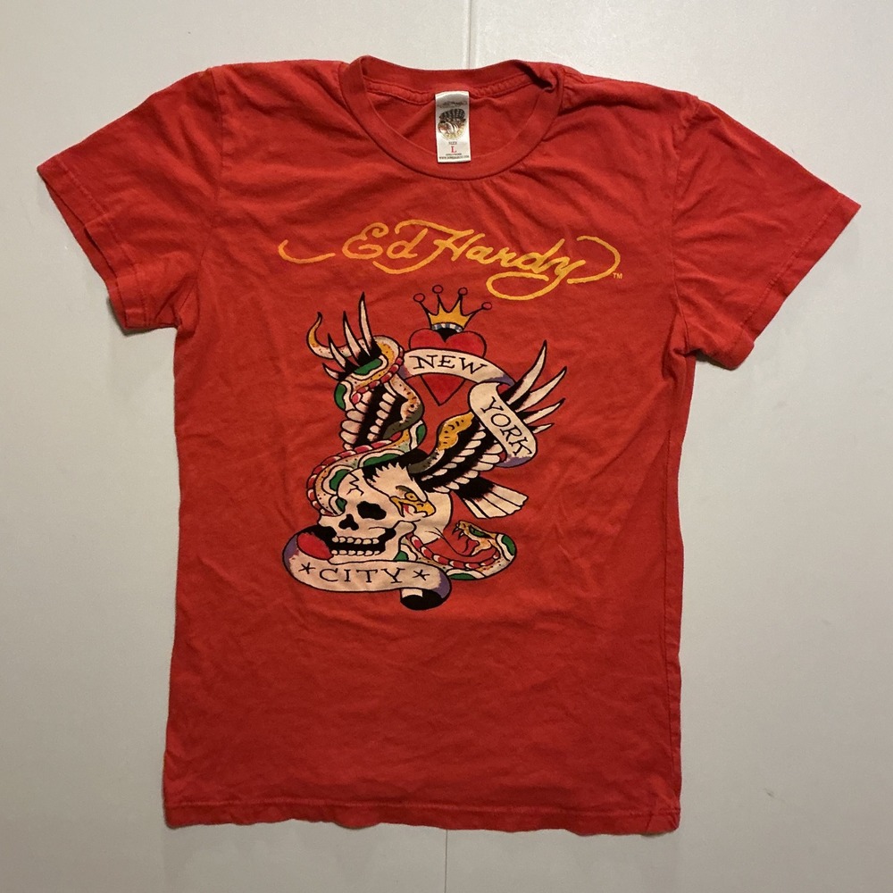Y2K VTG USA Ed Hardy T Shirt Red Skull New York CityTattoo Cyber Womens Size L
